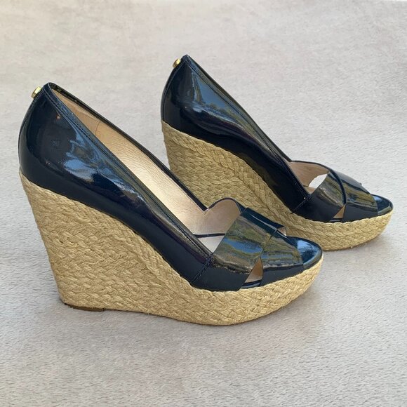 MICHAEL Michael Kors Navy Blue Leather Patent Espadrille Wedges Sz8 - Picture 7 of 16